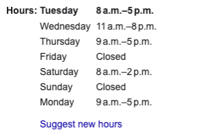 A screenshot of operating hours of a Dental Clinic as found in their Google Business Profile