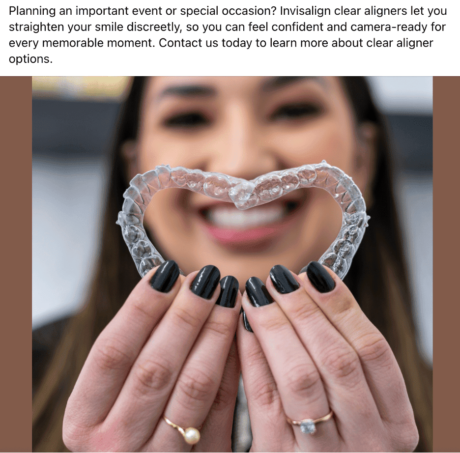 A woman holding a clear aligner in hand. It is an image from a FB post