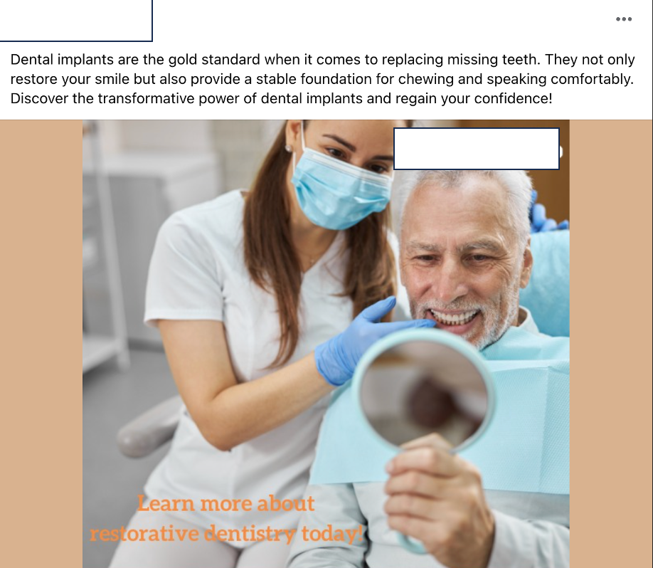 A person looking at a person's teeth A social media post of a dental clinic in Canada describing indications of Dental implants