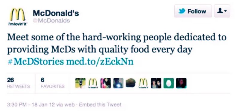 Introduction of the #McDStories in a tweet by McDonald in 2012.