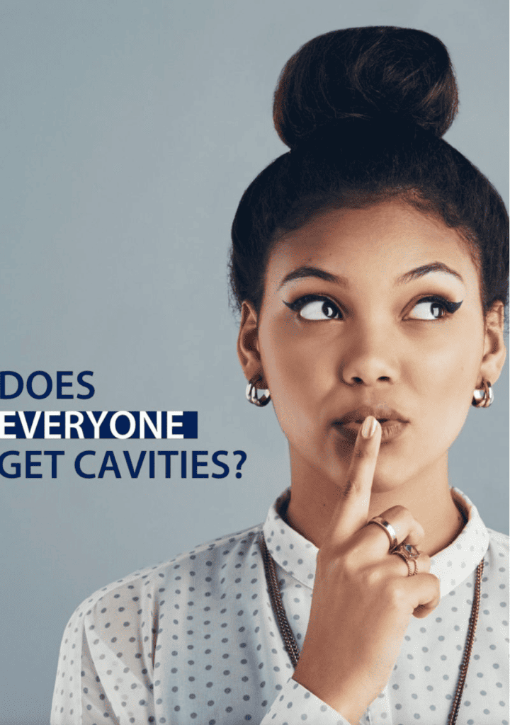 A lady with a finger on the lips. Question shows "Does Everyone get cavities?"